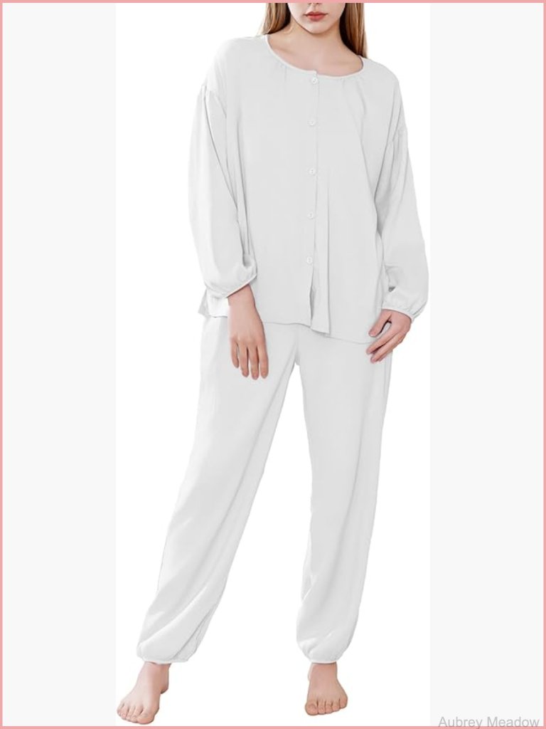 Womens Bubble Sleeve Pajama Set Button-Up Cardigan Soft Sleepwear